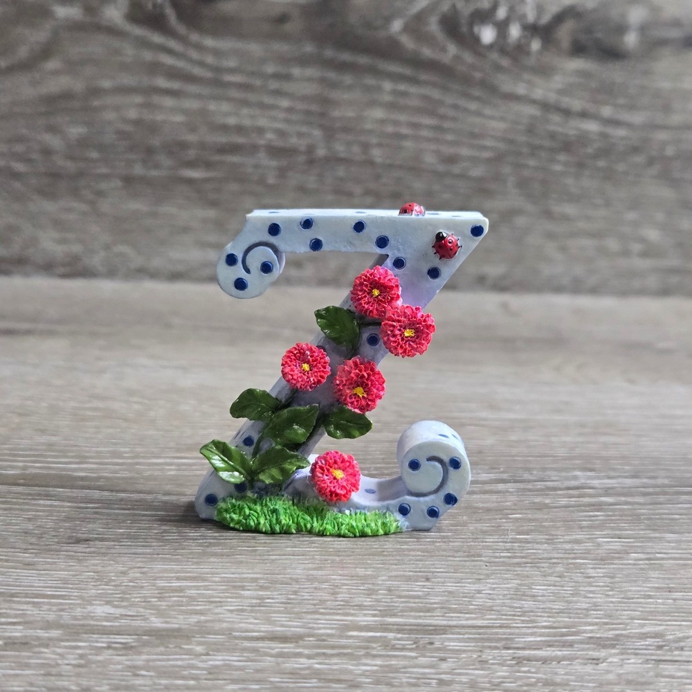 Linda Grayson Letter Z Resin Figurine Mini Blue Polka Dot Floral Ladybug Decor